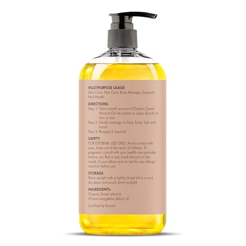 Majestic Pure USDA Organic Sweet Almond Oil | 100% Pure & Natural Cold Pressed Oil Sweet Almond Oil for Skin, Face, Nails, Hair, Scalp & Massage | 8fl oz