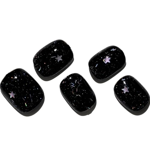 GLAMERMAID Press on Nails Extra Short Squoval, Spring Summer Handmade Glitter Black Star Gel Glue on Nails, 24Pcs Glossy Round Reusable UV Finish Fake Nails Acrylic False Nails Manicure Kits for Women