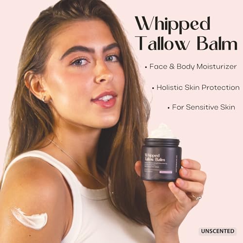 Beef Tallow for Skin (Unscented 4 oz) - Whipped Tallow Balm for Face and Body - Natural Moisturizer for Sensitive Dry Skin - Handmade Body Butter Lotion - 100% Grass-Fed - Gentle Skincare