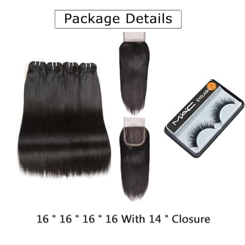 Liang Dian 16 Inch Human Hair Bundles Natural Color 4 Bundles With 14" Closure 12A Brazilian Virgin Hair 100% Unprocessed Straight Human Hair Bundles(16" 16" 16" 16" with 14" Closure)