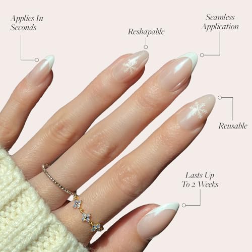 Glamnetic Press On Nails - Winter Glaze | Short Almond Snowflake Nails with French Tips, Reusable Stick On Fake Nails with Glue | Salon Quality | 15 Sizes - 30 Nail Kit
