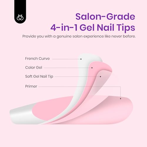 Beetles French Gel Nail Tips -White French Tip Press on Nails Medium Almond Pre-applied Tip Primer & Base Coat, No Need to File Fake Nails Pink Valentine's Day Gift for Women