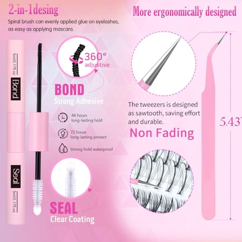 Geeneiya Lash Clusters Kit Individual Lash Extension Kit DIY Multi-type D Curl Cluster Eyelash Extension Kit with Bottom Lashes, Waterproof Lash Bond and Seal Glue, Lash Tweezers (30D, 480PCS)
