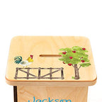 Wooden Piggy Bank for Kids and Adults, Personalized Gift Handmade in USA by BloomOwl, Custom Piggy Bank, Personalized Banks for Kids, Gifts for Baby Boys and Girls (Farm- Blue)