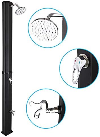 VINGLI Solar Heated Shower, 9.3 Gallon Outdoor Shower with Shower Head and Foot Shower Tap，for Outdoor Backyard Poolside Beach Pool Spa,Black (9.3 Gallon)