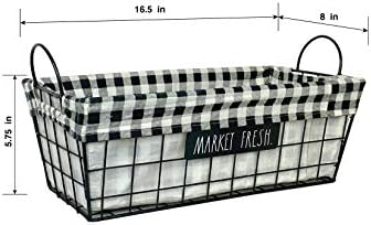Rae Dunn ‘Market Fresh’ Metal Lined Basket - Rustic, Farmhouse, Vintage Style with Wire and Fabric - Storage Organizer for Kitchen, Pantry, Laundry Room, Closet, Nursery, Office - Cute Home Décor