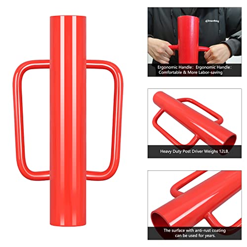 Gtongoko 12LB T Post Driver with Handles Heavy Duty Fence Post Driver Post Pounder for T-Posts，U Channel，Metal Post and Sign Post Pole Driver Tool,17 Inch Red