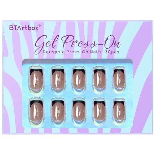 BTArtbox Press on Nails Short Square - Black Chrome French Tip Press On Nails, Glazed Glue On Nails for Women Gifts, Natural Stick On Nails in 15 Sizes - 30 Fake Nails Kit, Braveheart