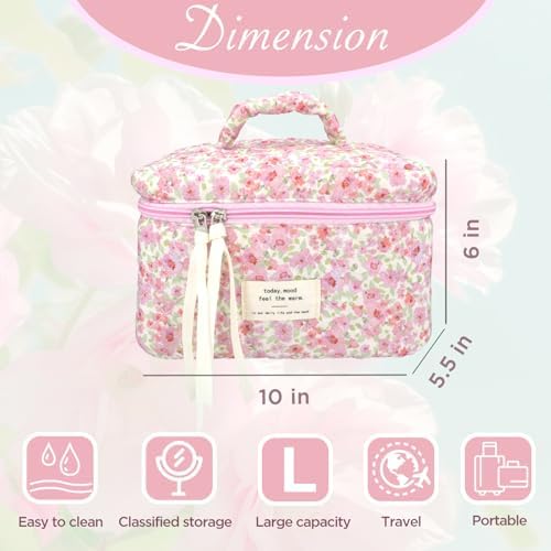 Makeup Bag Large Travel Quilted Cosmetic Makeup Bag Organizer, Floral Cotton Coquette Aesthetic Toiletry Bag for Women Girls (Pink Floral-L)