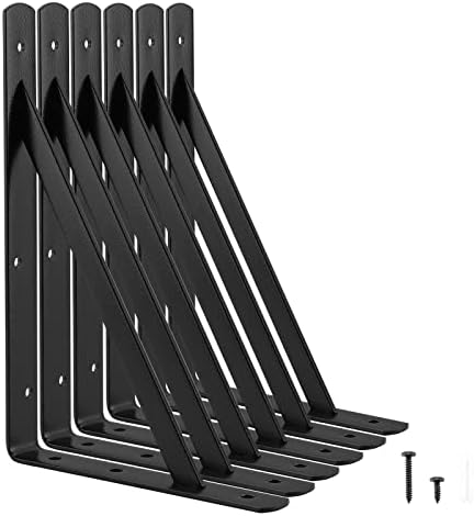 Heavy Duty Shelf Brackets 12 x 8 inches, 6 Pack Black Metal Shelves Supports, Load Capacity: 600 lb, Wall Mounted Angle L Floating Shelf Bracket, Rough Texture Powder Coating, HOME MASTER HARDWARE