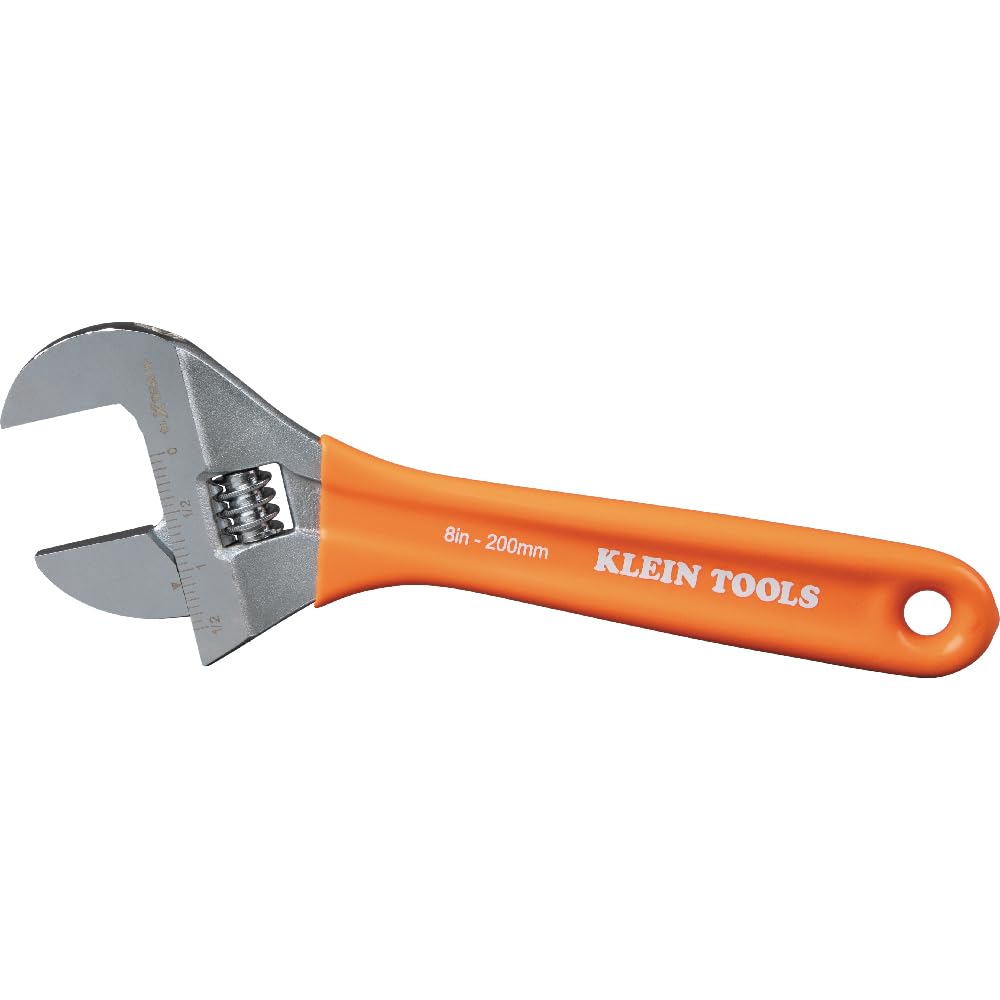 Klein Tools O5098 Adjustable Wrench, Extra-Wide Jaw, Forged Heat-Treated Alloy Steel, SAE and Metric Scales, Plastic-Dipped Handle, 8-Inch