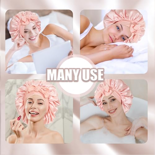 2Pc Bonnet Satin Silk Hair Bonnet With Tie Band for Sleeping Large Bonnets Hair Wrap with Adjustable Straps Hair Shower Cap Sleep Caps for Women Curly Braid Hair(pink+black)