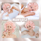 2Pc Bonnet Satin Silk Hair Bonnet With Tie Band for Sleeping Large Bonnets Hair Wrap with Adjustable Straps Hair Shower Cap Sleep Caps for Women Curly Braid Hair(pink+black)