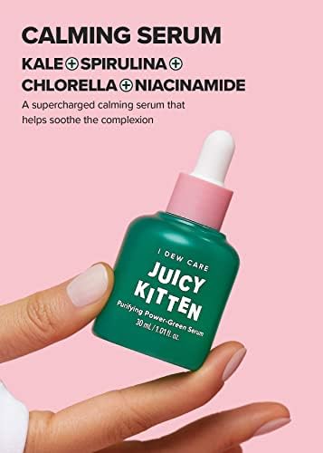 I DEW CARE Korean Heartleaf Serum for blemish prone skin- Juicy Kitten | Green Juice for Face, Glass Skin with Niacinamide, Kale, Moringa Seed, Willow Bark Extarct, 1.01 FL Oz