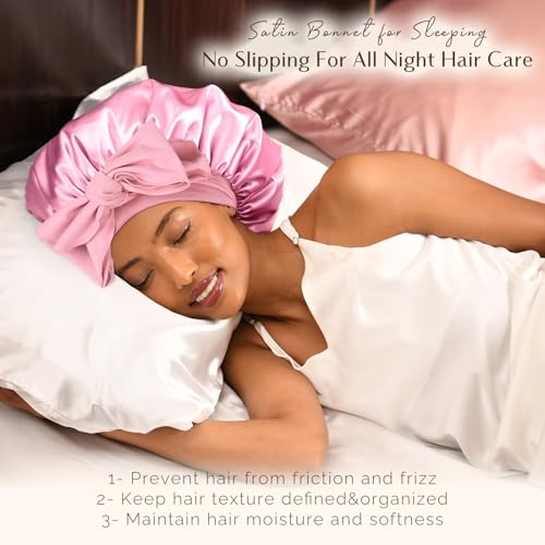Yanibest Satin Bonnet Silk Bonnet for Sleeping Double Layer Ajustable Satin bonnet for Women Men for Curly Natural Hair with Tie Band