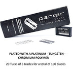 100 Count, Parker Safety Razor Double Edge Safety Razor Blades, Premium Platinum Stainless Steel Razor Blades with PTFE, Tungsten and Chromium Coated Edges for Smooth, and Comfortable Shaves