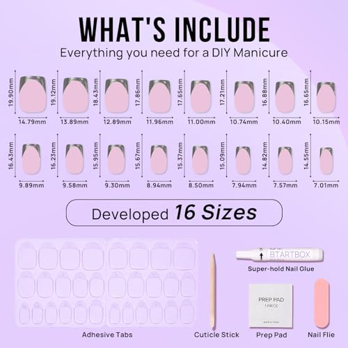 BTArtbox Press on Nails Short - French Tip Press On Nails Square, Silver Glue On Nails, Long Lasting & Natural Stick On Nails in 16 Sizes - 30 Fake Nails Kit, Rock Star