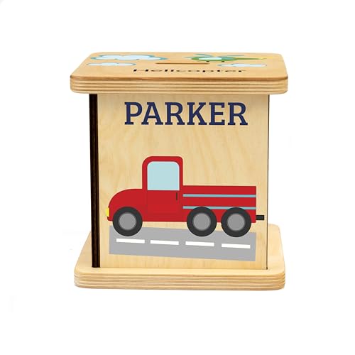 Wooden Piggy Bank for Kids and Adults, Personalized Gift Handmade in USA by BloomOwl, Custom Piggy Bank, Personalized Banks for Kids, Gifts for Baby Boys and Girls (Transportation)