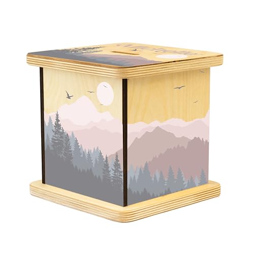 Wooden Piggy Bank for Kids and Adults, Personalized Gift Handmade in USA by BloomOwl, Custom Piggy Bank, Personalized Banks for Kids, Gifts for Baby Boys and Girls (Mountains)