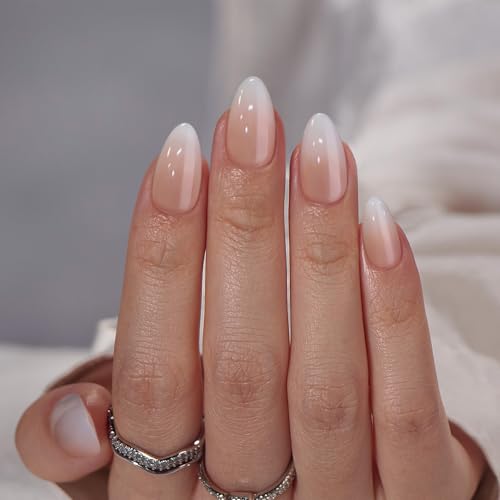 Almond Press On Nails Medium - BTArtbox Soft Gel Ombre Fake Nails with Nail Glue, Semi-Transparent Reusable Glue On Nails in 16 Sizes - 30PCS Stick On Nails Kit, Vanilla Cream Almond