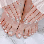48Pcs Rhinestones Press on Nails Toenails Medium Almond Glossy Silver Glitter Acrylic False Nails 3D Butterfly Fake Nails Gel Glue on Nails for DIY Manicure Stick on Nails for Coquette Women Girls