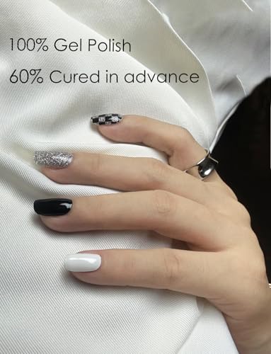 Semi Cured Gel Nail Strips | Check Glitter 20 pcs Semi Cured Gel Nails Sticker | Gel Nail Wraps UV for Home Nails DIY