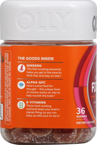 OLLY Laser Focus Gummy, Ginseng, Alpha GPC, B Vitamins, Berry Tangerine Flavor - 36 Count (Pack of 2)