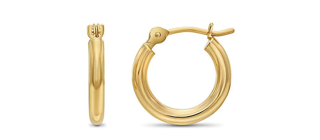 14k Yellow Gold Classic Shiny Polished Round Hoop Earrings, 2mm Tube 13mm
