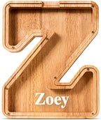 Customized Name Large Wooden Piggy Bank for Kids Boys Girls Alphabets Letter A-Z Coins Bills Money Change Bank Box Initial on Clear Cover (Laser Engraved) (Alphabet-Z, Personalized-9")