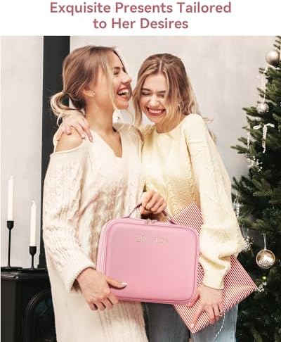 JUSRON Travel Makeup Bag With LED Mirror, Train Case with Light up Mirror, Portable Makeup Artist Organizer Bag with Adjustable Dividers, Makeup Brush Holder Storage (Pink, Large)