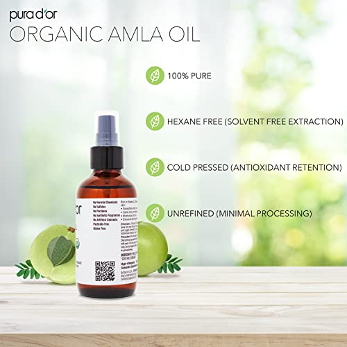 PURA D'OR 4 Oz ORGANIC Amla Oil, 100% Pure USDA Certified Premium Grade Oil, Cold Pressed, Unrefined, Extra Virgin, Indian Hair Care Oil, Hair Serum & Thickening Hair Product w/Pump for Women & Men