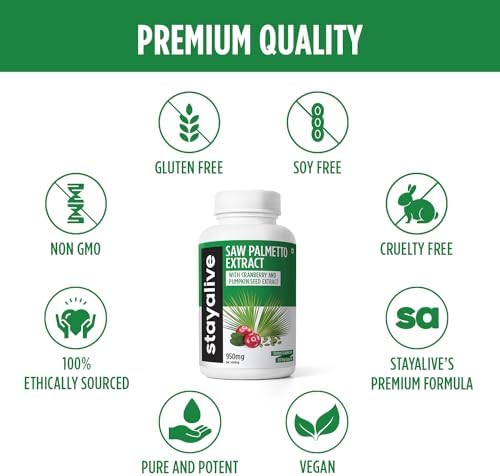 STAY ALIVE Saw Palmetto Extract Capsules w/Cranberry & Pumpkin Seed Oil, 120 Vegan Pills for Hair, U.T & Prostate, Pure Saw Palmetto for Men and Women, Non-GMO, Gluten Free Pumpkin Seed Supplement