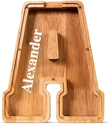 Summidate Customized Name Large Wooden Piggy Bank for Kids Boys Girls Alphabets Letter A-Z Coins Bills Money Change Bank Box Initial on Clear Cover (Laser Engraved) (Alphabet-A, Personalized-9")