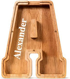 Summidate Customized Name Large Wooden Piggy Bank for Kids Boys Girls Alphabets Letter A-Z Coins Bills Money Change Bank Box Initial on Clear Cover (Laser Engraved) (Alphabet-A, Personalized-9")