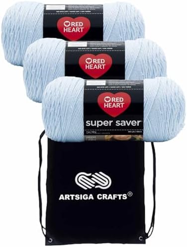 Red Heart Super Saver Light Blue E300-381 (3-Skeins - Same Dye Lot) Worsted Medium #4 Acrylic Yarn for Crocheting and Knitting with Project Bag