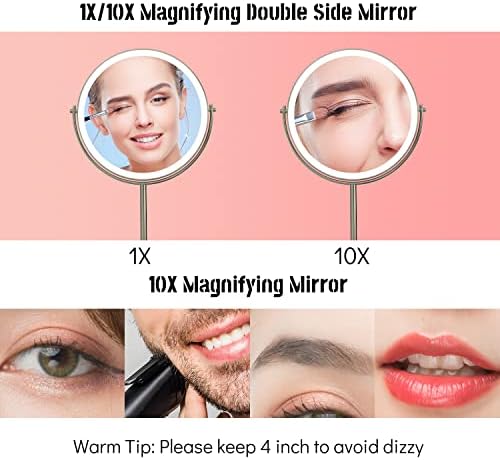 8" Lighted Makeup Mirror with Magnification, 1X/10X Magnifying Lighted Vanity Mirror, Double Sided 360 Swivel USB Rechargeable, 3 Colors Dimmable Lightning Mirror with 52 LEDs Brush Nickle
