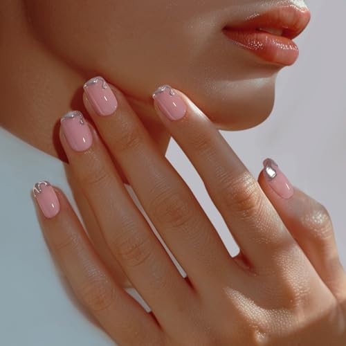 BTArtbox Press On Nails Short Square - Sliver Designed Press On Nails, 3D Sliver Foil Glue On Nails for Women Gifts, Natural Fake Nail with Glue, Glue On Nails in 15 Sizes, Snow Queen