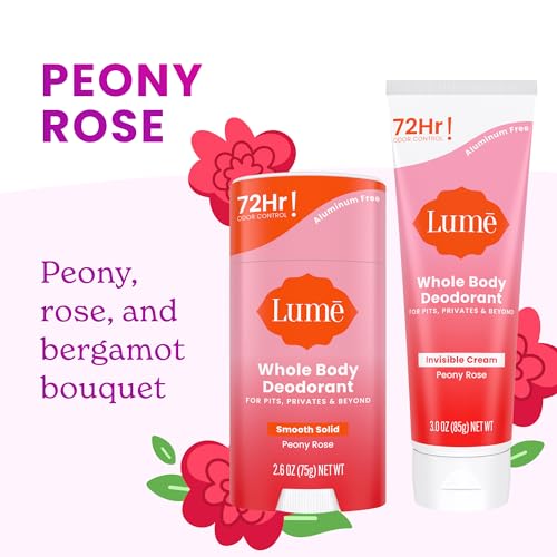 Lume Whole Body Deodorant - Invisible Cream and Solid - 72 Hour Odor Control - Aluminum Free, Baking Soda Free, Skin Safe - 3.0 Ounce Cream and 2.6 Ounce Solid Bundle (Peony Rose)