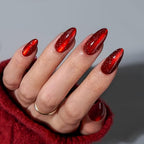 BTArtbox Press On Nails Almond - Deep Red Sparkly Stick on Nails, Glossy Fake Nail Tips Medium in 15 Size, Mystic Ruby