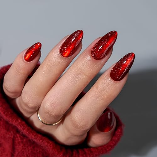 BTArtbox Press On Nails Almond - Deep Red Sparkly Stick on Nails, Glossy Fake Nail Tips Medium in 15 Size, Mystic Ruby