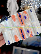 HAND-PAINTED White False Nails Set Coffin Press on Nails Pressons Kit Medium Length Stick on Nails Shoot Nail Art Short Nails with Nail Glue on Nails Square, Long Almond Nail (K2, Small)