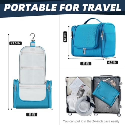 Buruis Large Capacity Toiletry Bag for Women and Men, Hanging Toiletry Organizer Cosmetics Makeup Bag, Water-resistant Dopp kit Shaving Bag for Full Sized Toiletries, Travel Essentials (Light Blue)