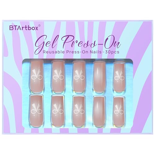 BTArtbox Press On Nails Long - Pink Press On Nails with Ombre Center, Cute Bowknot Design Fake Nails with Nail Glue, Fit Perfectly & Natural Reusable Stick On Nails in 15 Sizes, Bowknot