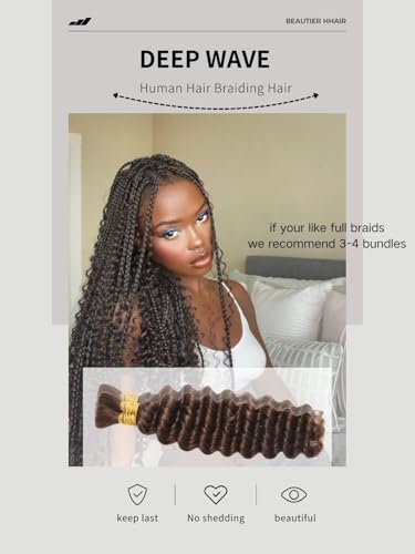 Human Braiding Hair 4# Deep Wave Bulk Human Hair for Braiding No Weft 100g 2 Bundles/Pack Curly Human Hair Extensions for Boho Braids Wet and Wavy Brazilian Virgin Human hair Braiding Hair (14 Inch)