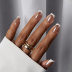 BTArtbox Press on Nails Short Square - White Chrome French Tip Press On Nails, Glazed Glue On Nails, Natural Stick On Nails in 15 Sizes - 30 Fake Nails Kit, Wheat