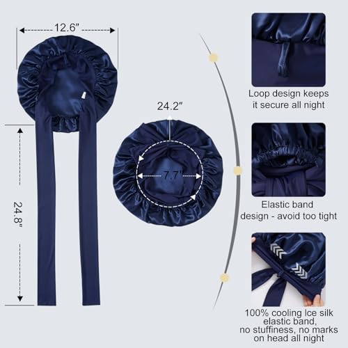 ZIMASILK 22 Momme 100% Mulberry Silk Bonnet for Sleeping Women Double Layer Silk Hair Wrap with Tie Band Stay On Head for Curly Hair Care (1Pc, Navyblue)