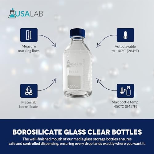 2000 ML Round Media Bottle with GL45 Screw Cap, Clear 3.3 Borosilicate Glass Bottles for Scientific Solution Storage, Multi Purpose Science Labs Solvent Container