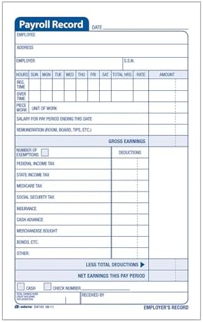 Adams Employee Payroll Record Book, 4.19 x 7.19 Inches, White and Canary, 2-Part, 55 Sets (D4743)