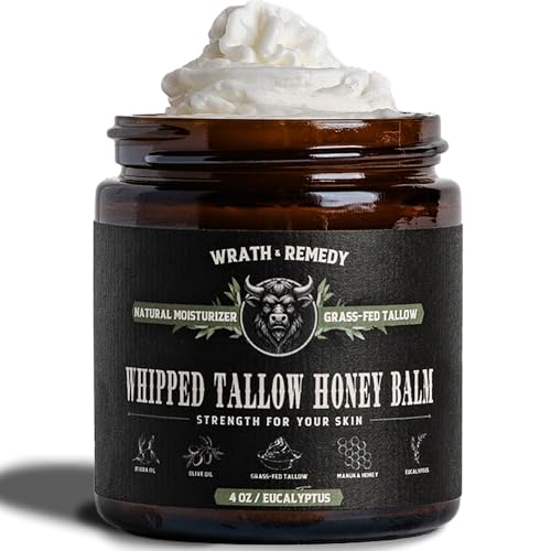 Wrath & Remedy Handmade Whipped Organic Beef Tallow for Skin - 4 OZ (Eucalyptus) — Grass Fed Beef Tallow Moisturizer and Honey Balm for Silky, Sensitive-Skin, Eczema, Rosacea - Free of Harsh Chemicals