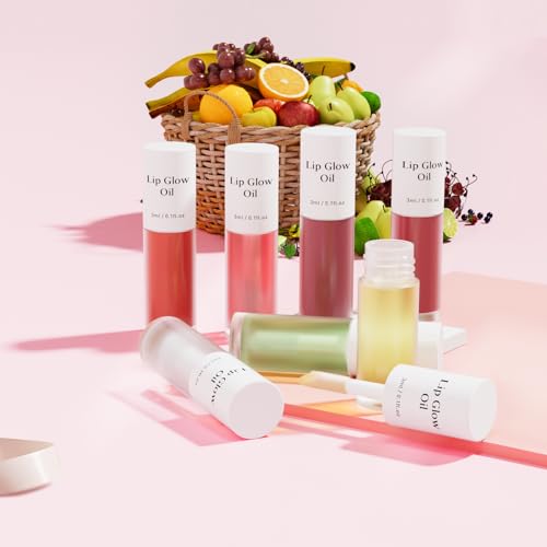 Hydrating Lip Glow Oil - 2PCS Tinted Moisturizing Lip Gloss Plumping Long-Lasting Shiny Fruit Flavor Lip Stain, 0.10 Fl Oz (Raspberry&Peony)